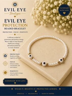 Evil Eye Protection Pearl Beaded Bracelet - White & Gold